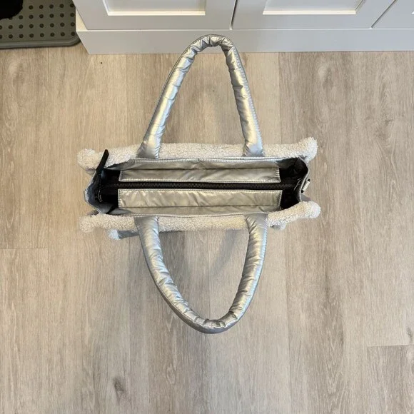 PAJAR Canada Metallic Silver Puffer Tote Bag Faux Shearling Trim Quilted Handbag - Picture 5 of 16